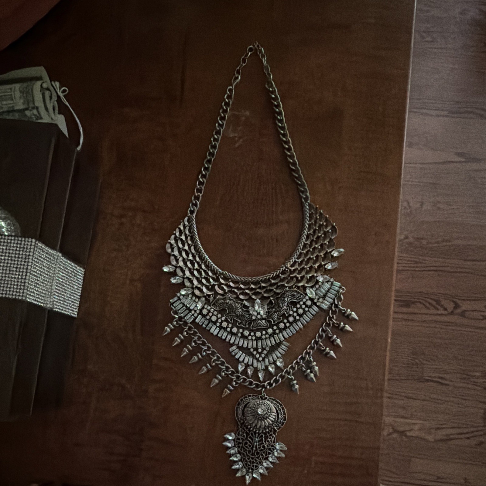 Silver Tone Statement Boho Bib Necklace Clear CZ Baguette Prong Asym Charm