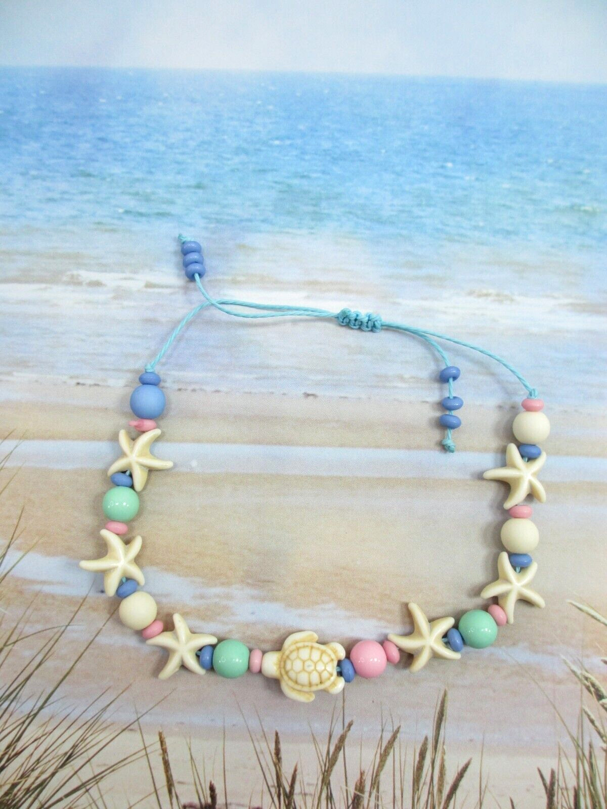 Beach Charm Anklet Turtle Ankle Bracelet Starfish Beaded Blue Raffia Adjustable
