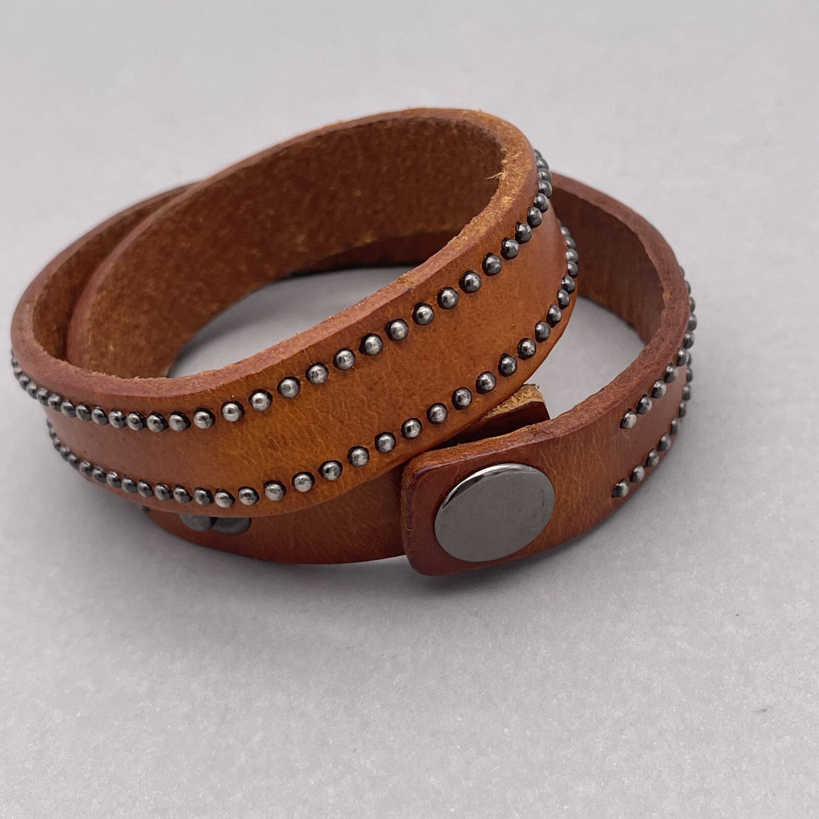 Yik Fung Wrap Leather Studded Detail Bracelet Snap Closure Brown 15.5 Inches
