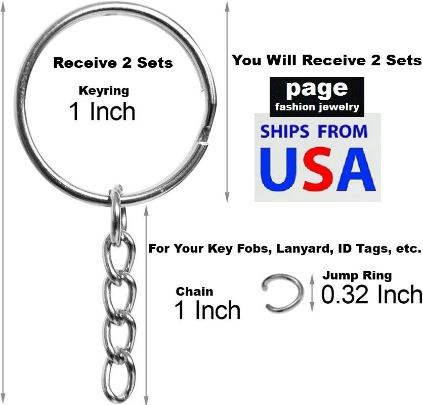 2 Sets 1″ Keyrings with 1″ Chains Plus Jump Rings- For Your Pendant, Key Fob etc