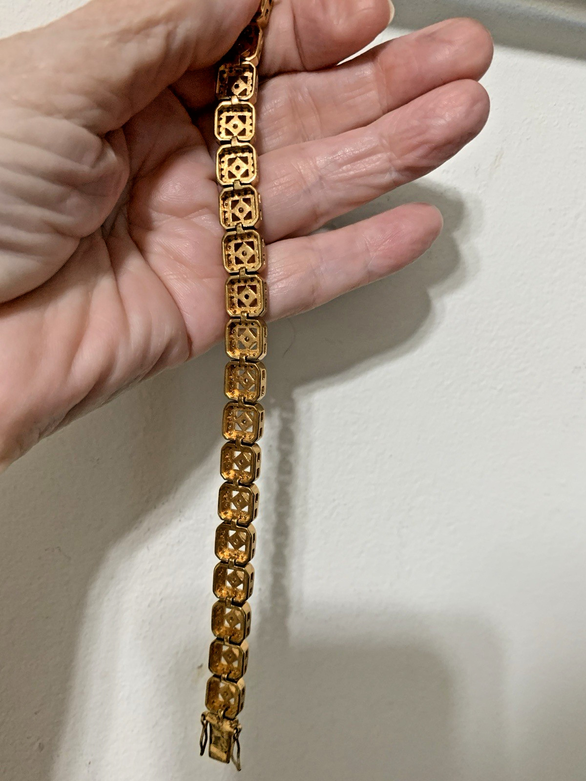 Fashion Bracelet,Gold Tone with Interconnecting Sq Links Of Beautiful Set Cz, 8”