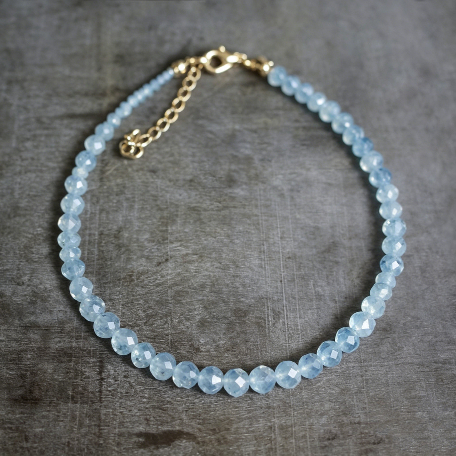 3mm Natural Aquamarine Faceted Beaded Adjustable Bracelet Gold Tone