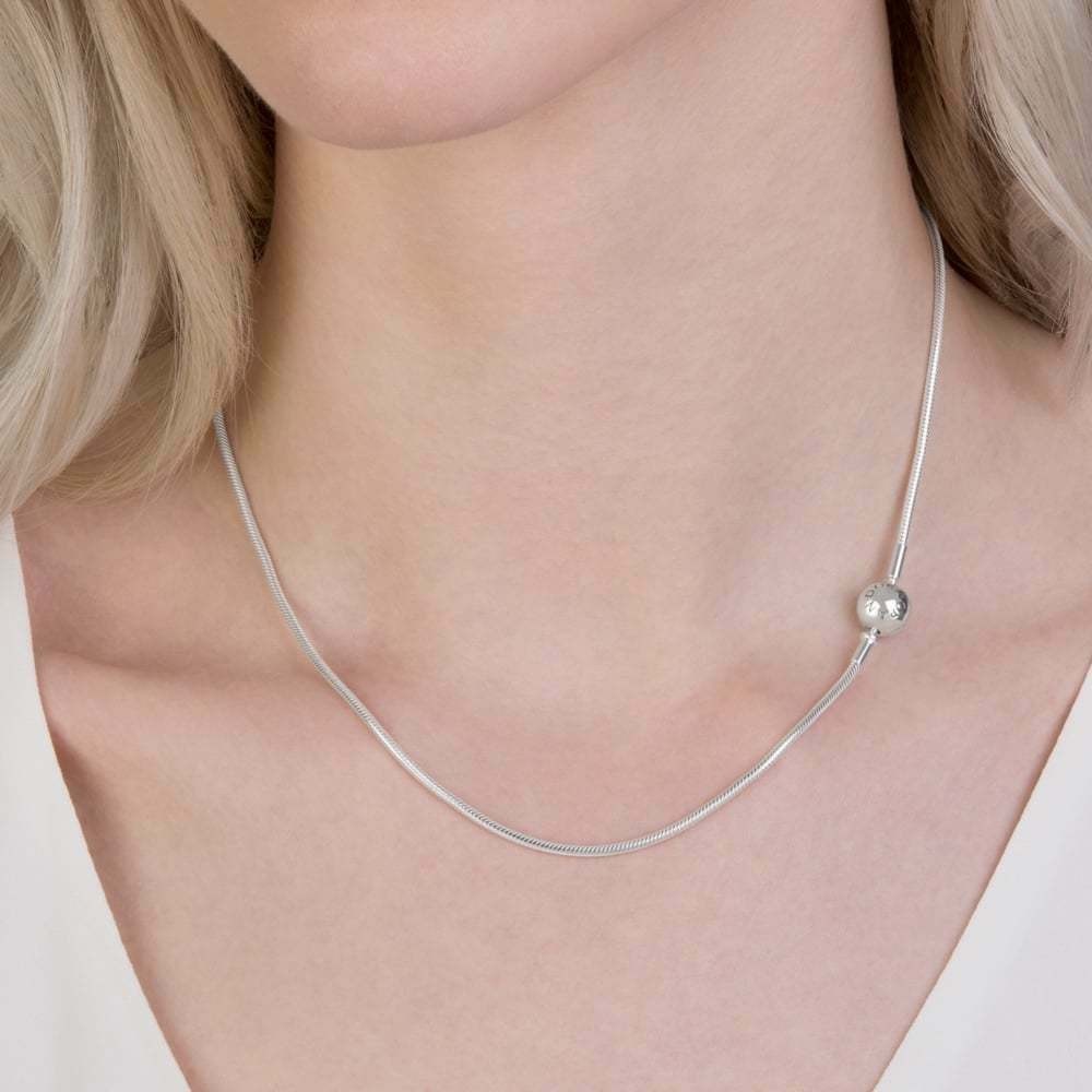 Authentic 925 Sterling Silver Embossed Ball Clasp Thin Snake Chain Necklace
