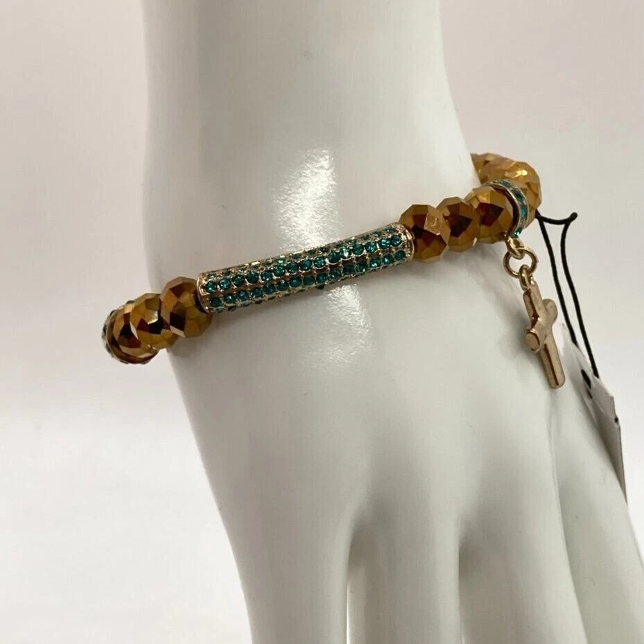 APT. 9 Gold Tone Stretch Bracelet with Faceted Beads & Green Pave Cross Charm