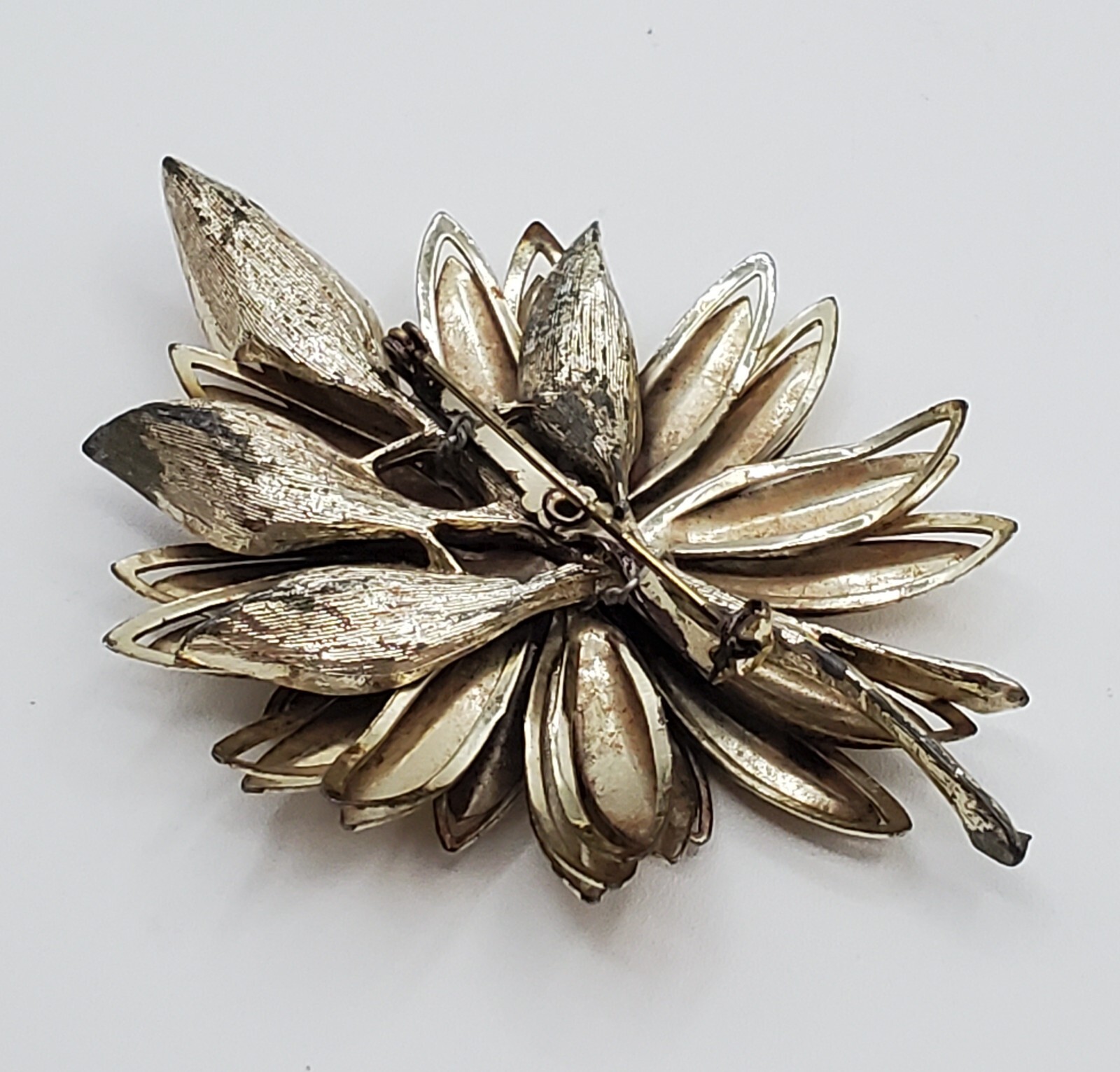 VTG Brooch 3.5in Large Gold Tone Flower Aurora Borealis 3D Layered REPAIRED READ