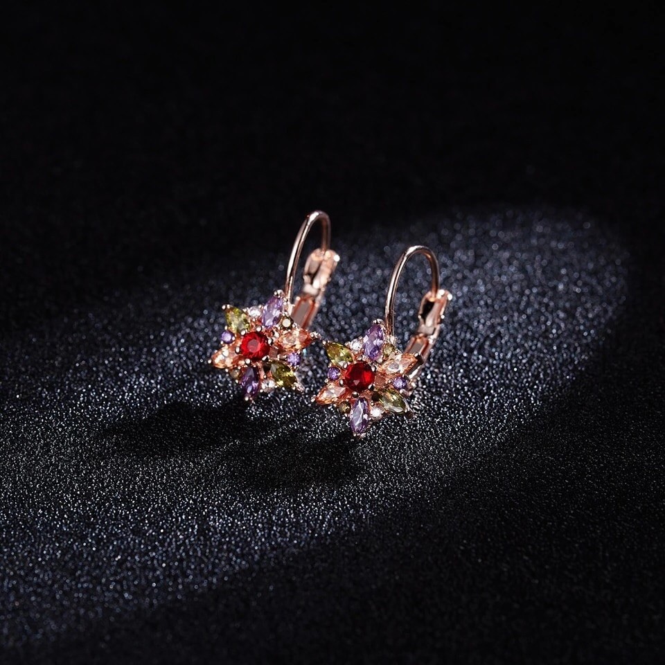 MULTI COLOUR GOLD FILLED FLOWER HOOP EARRINGS MADE WITH SWAROVSKI CRYSTALS HE16