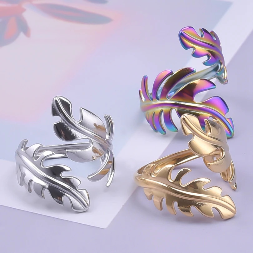 2PCS Stainless Steel Ring Leaf Water Droplet Adjustable Gold Plated Jewelry