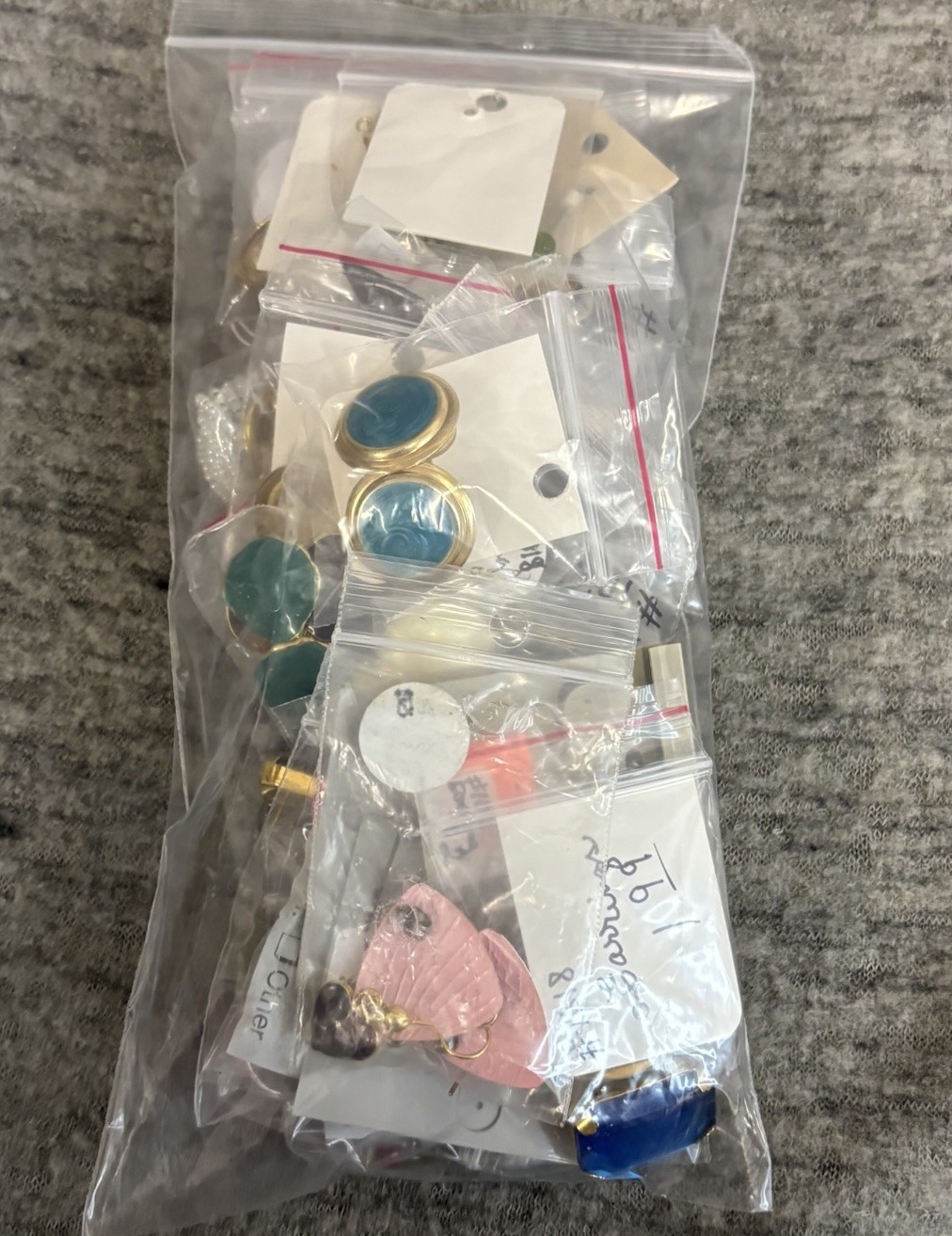Bag of Assorted Earrings 30 pairs Colorful Different sizes several colors Silver