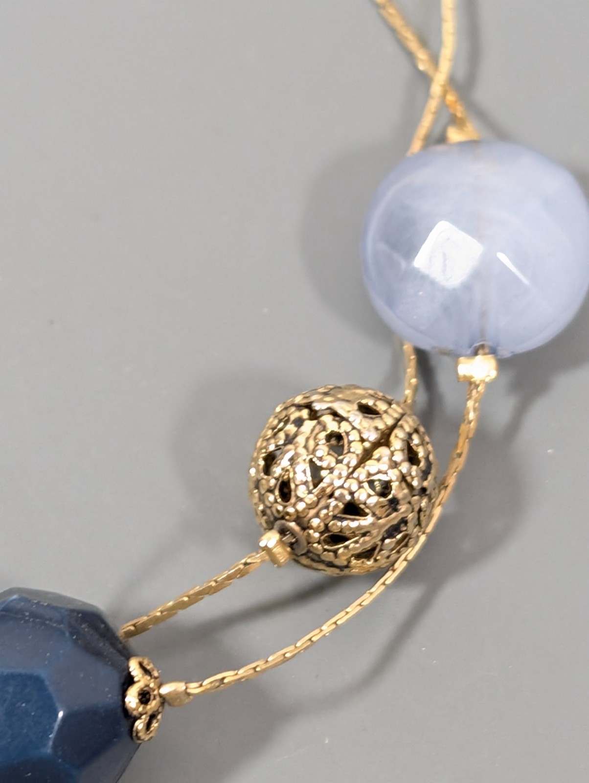 Coastal Chic Blue Gold Tone Filigree Ball Double Chain Bracelet 9 in