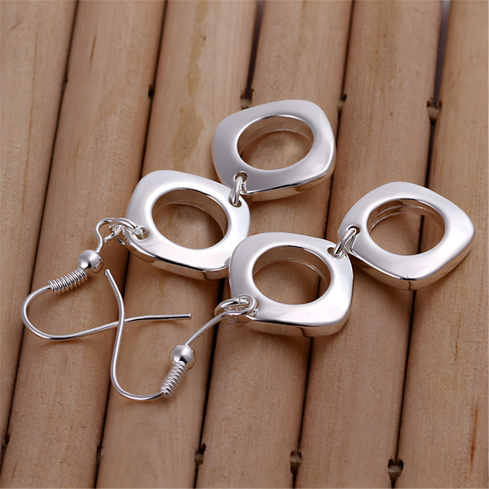 Silver Plated Geometric Necklace, Earrings Set Copper Alloy Silver Plating 1209