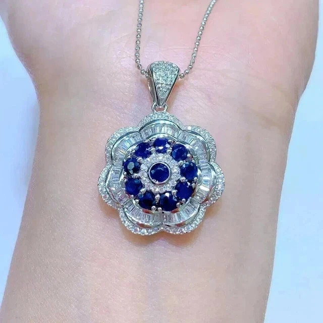 925 Silver Flower Charm Pendant Chain Simulated Sapphire 14K White Gold Finish