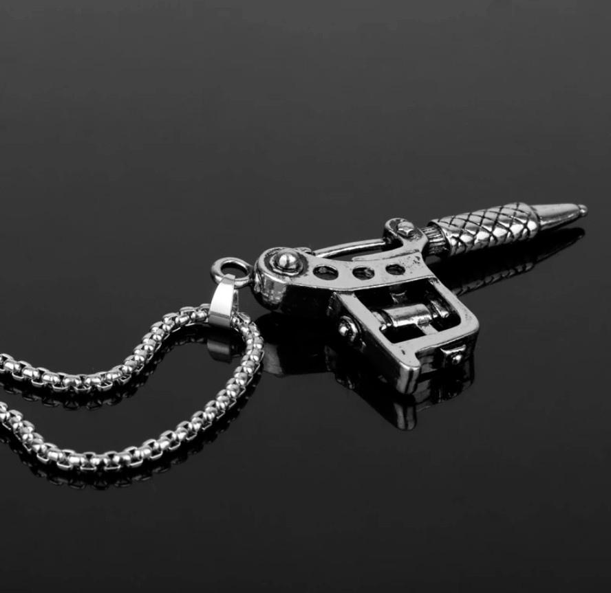 Tattoo Machine Gun SILVER Plated Necklace Ink Needle Rotary Tool Body Artist