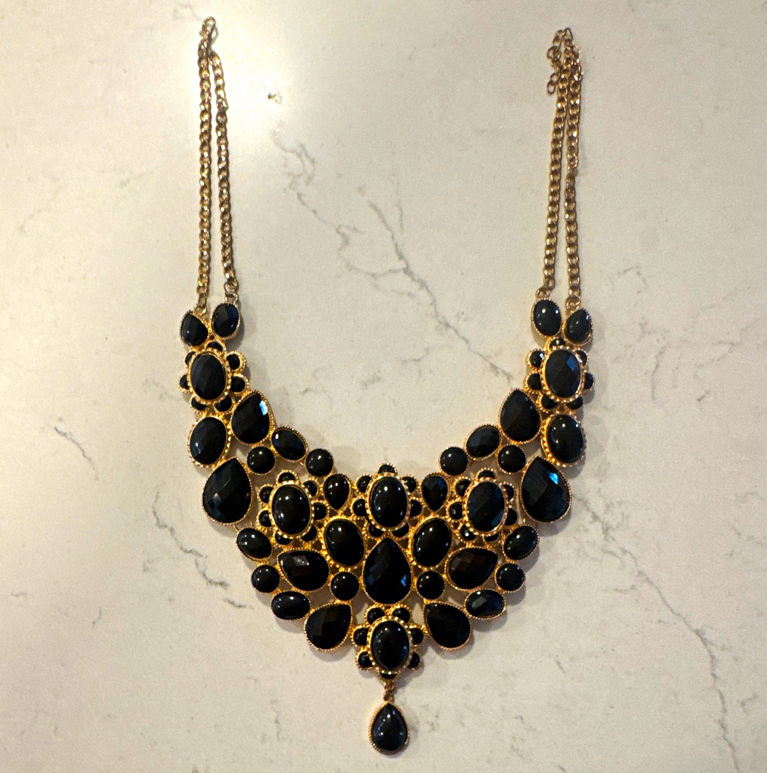 Black Crystal Statement Bib Necklace Gold Tone Curb Link Chain Adjustable