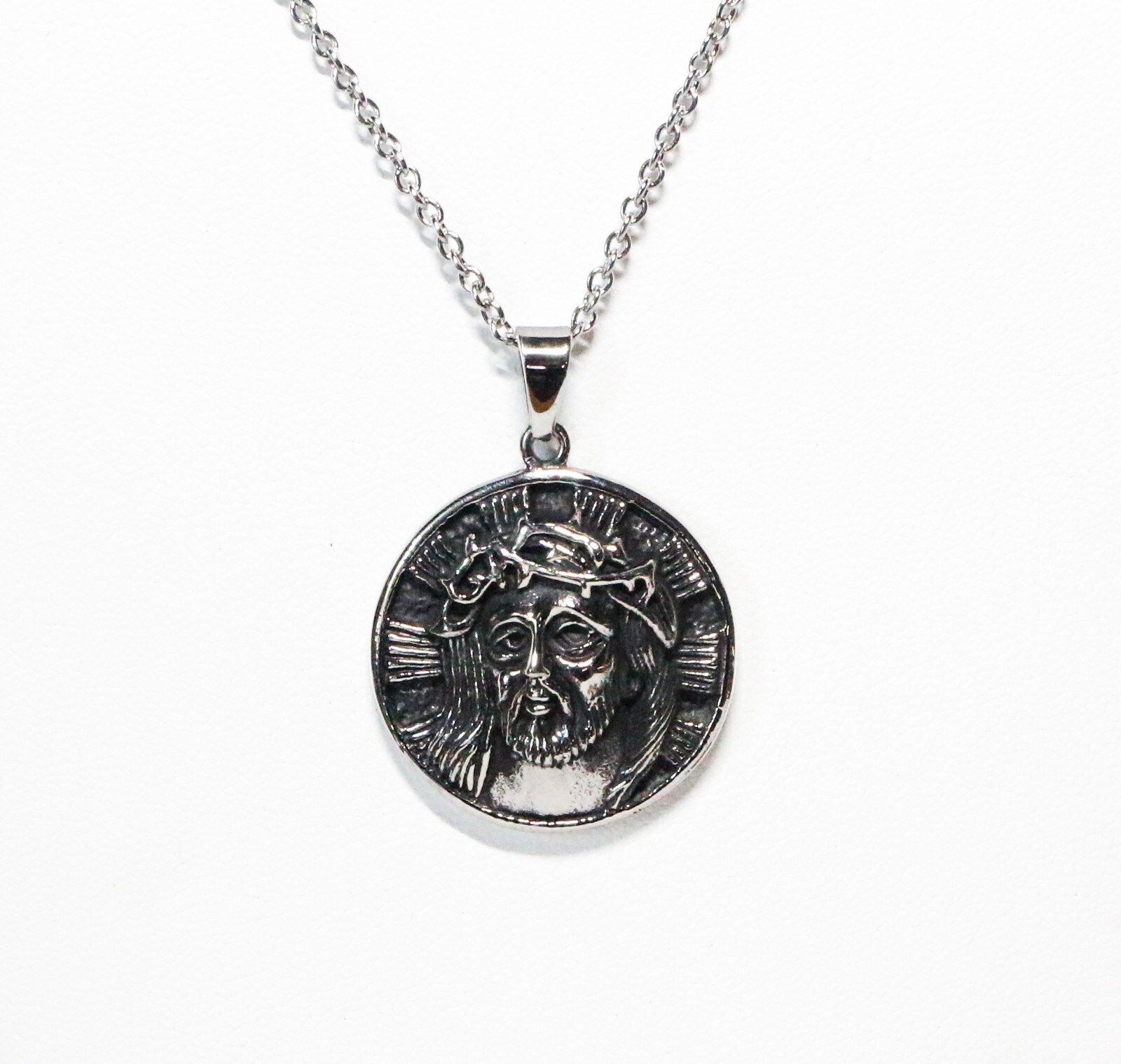 Stainless Antiqued & Polished Jesus/Lord Pendant 22in Stainless Chain Psalm 39:7