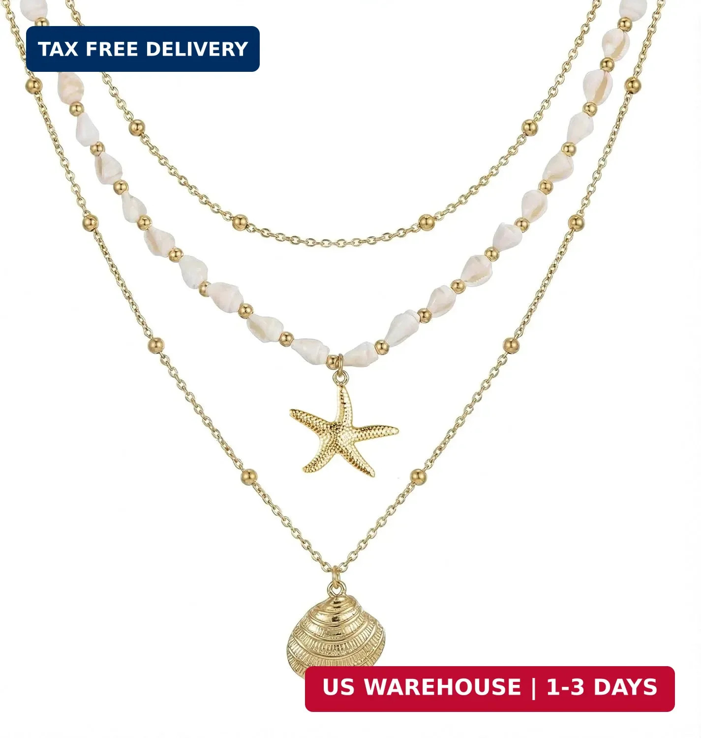 Seashell Starfish Necklace for Women Conch Shell Summer Pearl Beach 14k Gold Lay