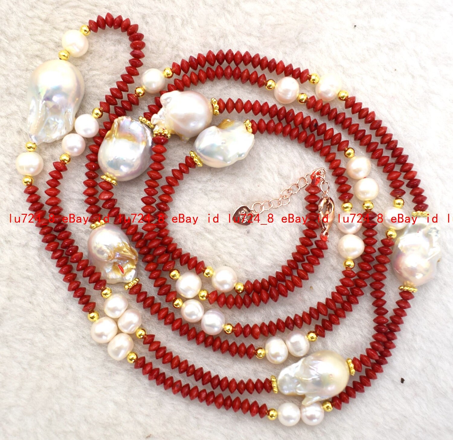 2x4mm Red Coral Gem Rondelle Beads &Natural White Baroque Pearl Necklace 50″