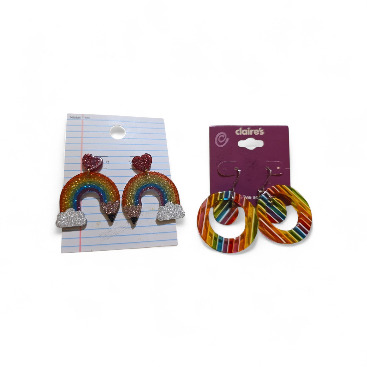 2 Pair Rainbow Earrings Cloud Pencil & Cicle Dangle