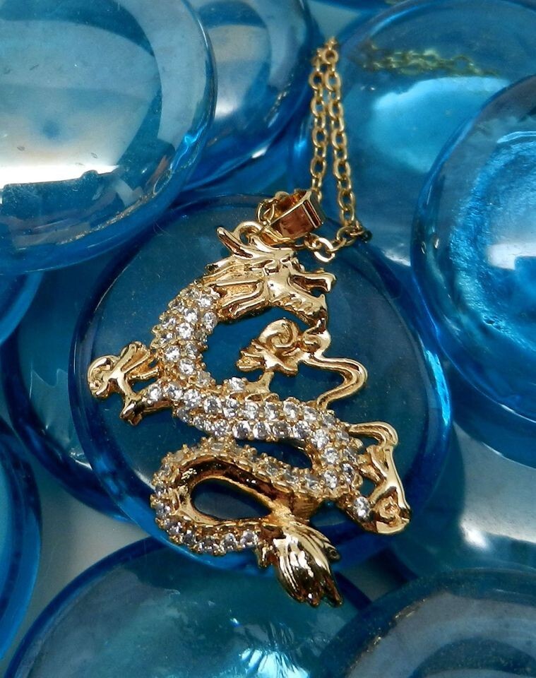 Chinese Lunar New Year Gold Tone With Faux Diamonds Dragon Pendant 18″ Necklace