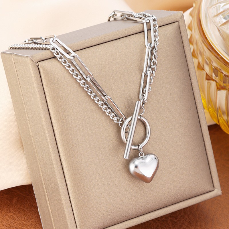Heart OT Necklace Bracelet Set Stainless Steel Silver Minimalist Couple Jewelry