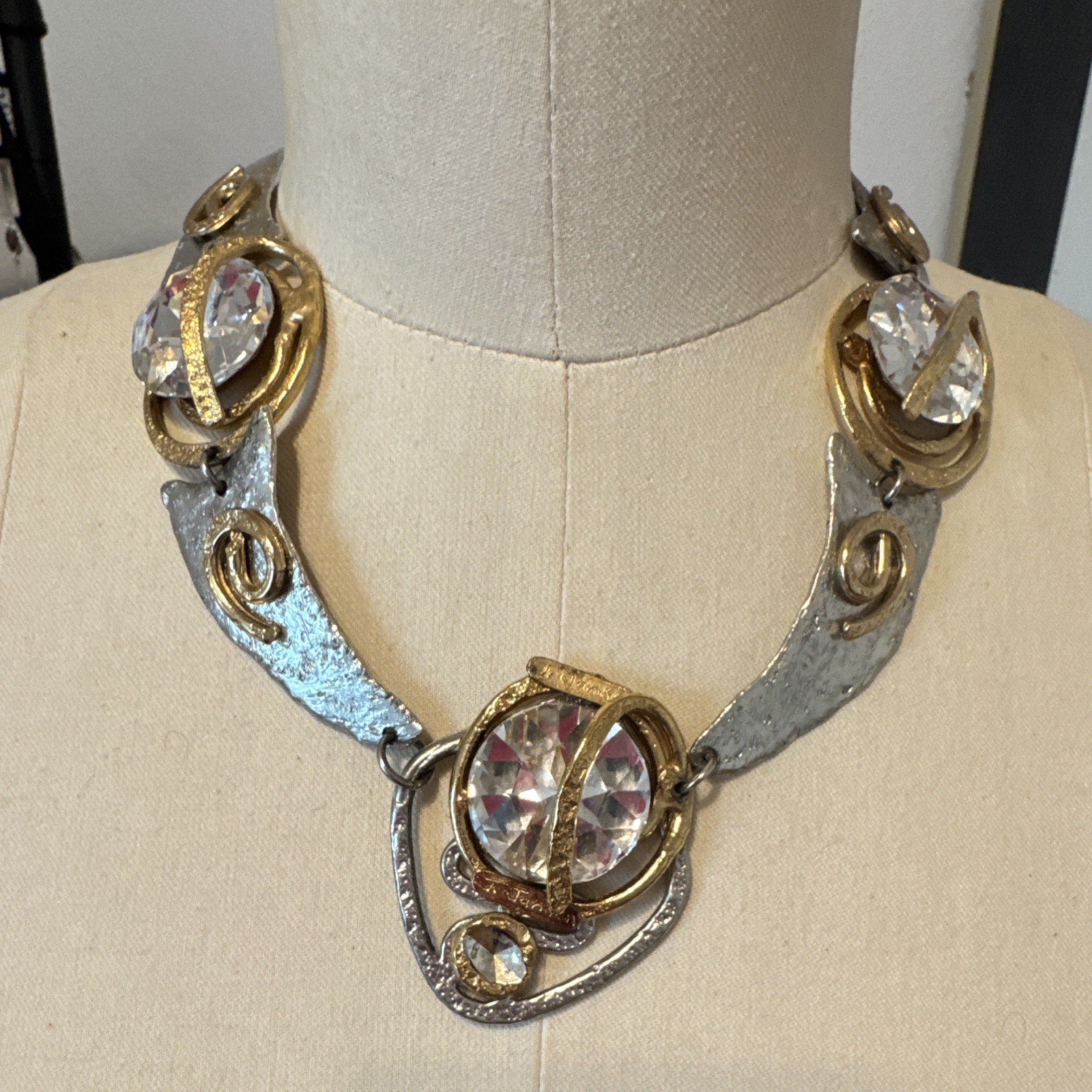 Mixed Metal Gold & Silver Tone Statement Necklace Clear Crystal Pendant Lobster