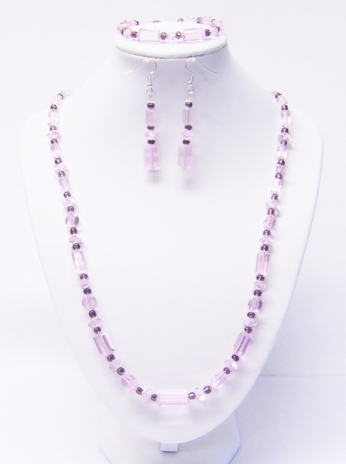Mixed Shapes/Sizes Pink Transparent Glass Bead Necklace/Bracelet/Earrings Set