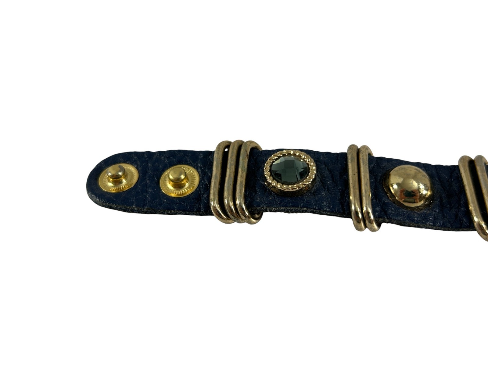 Vintage Star King Blue Leather Bracelet Gold Tone Hardware Snap Cuff Rhinestones
