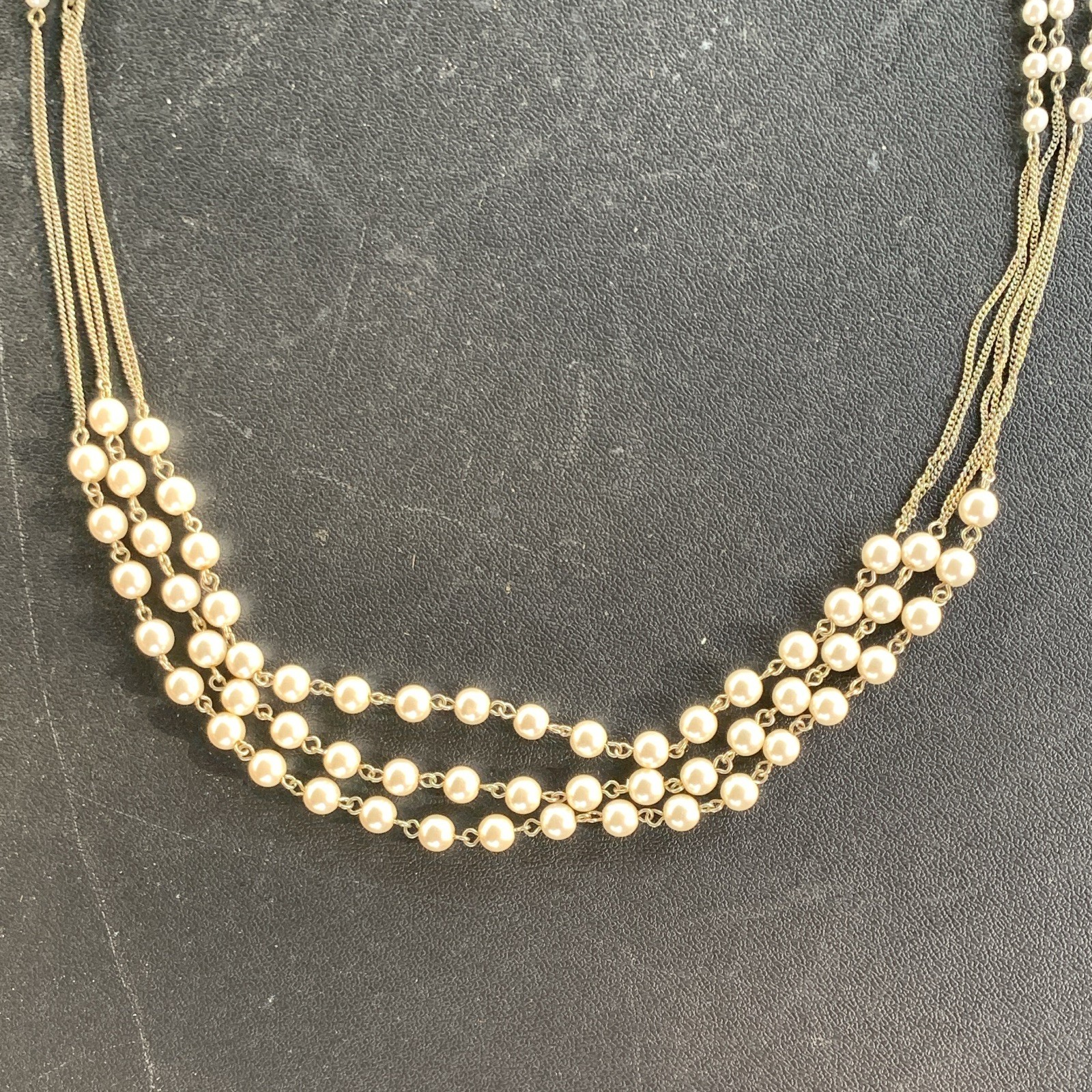 Multi-Strand Gold Tone Metal Cream Beaded Layered Fashion Necklace