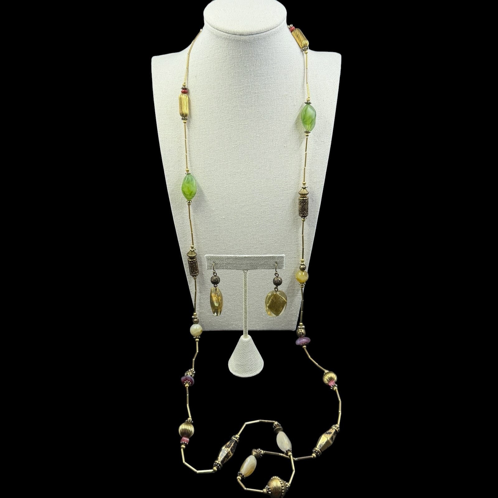 Vintage Boho Art To Wear Beaded Necklace Set Festival Earthy Maximalist Gold