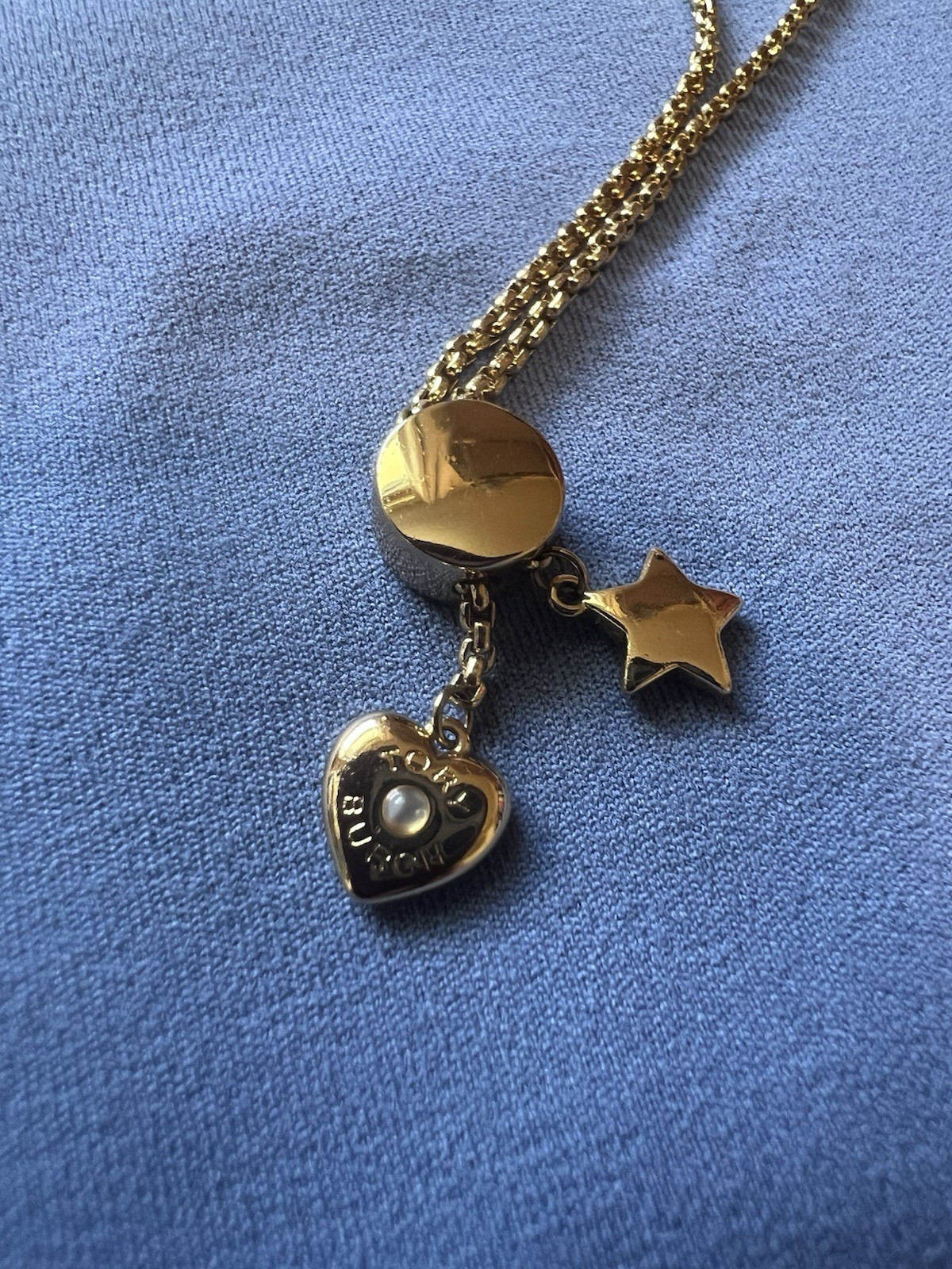 Tory Burch Adjustable Black Cord Bracelet with Gold Heart and Star Charms, Logo