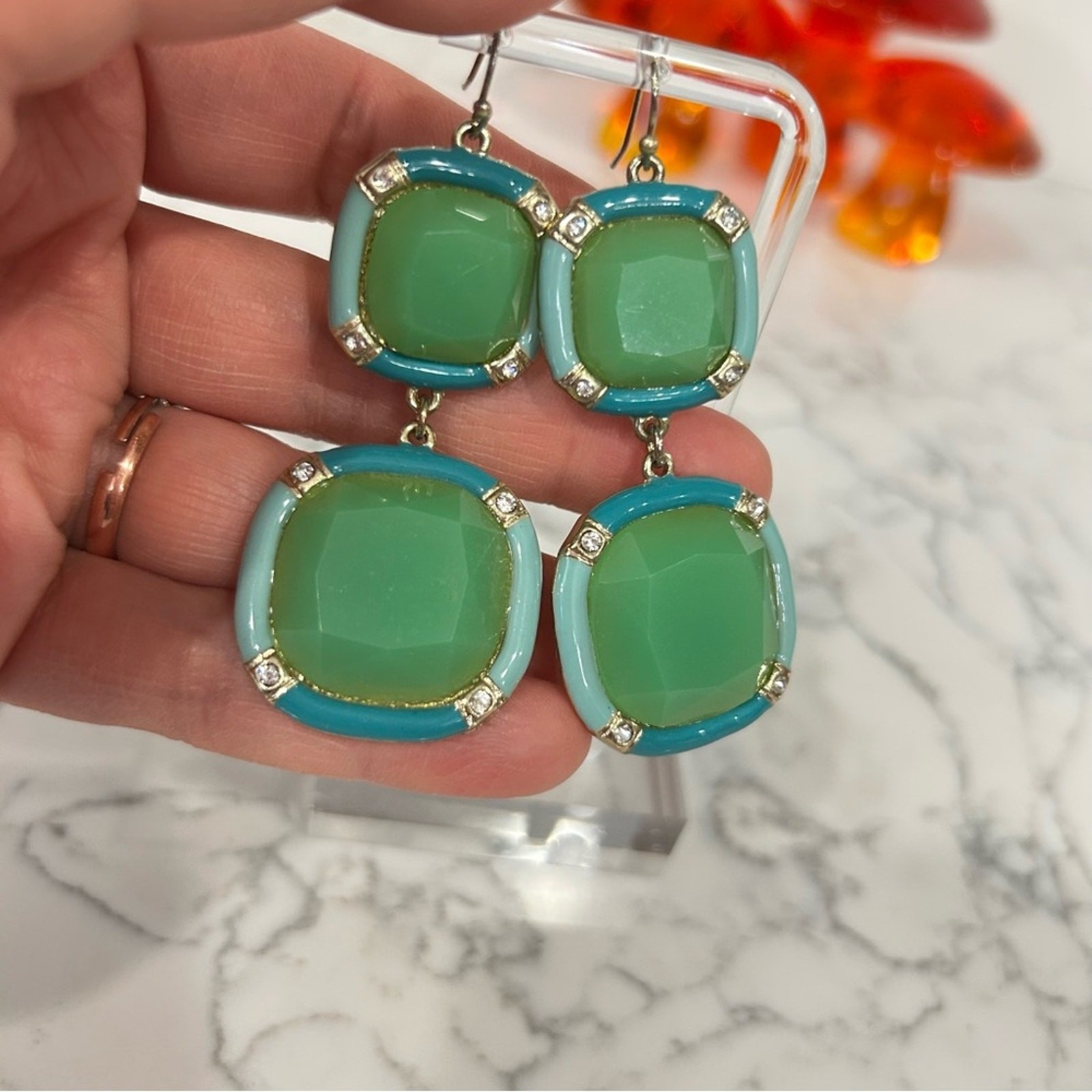 Double Square Teal Green Blue Dangle Earrings