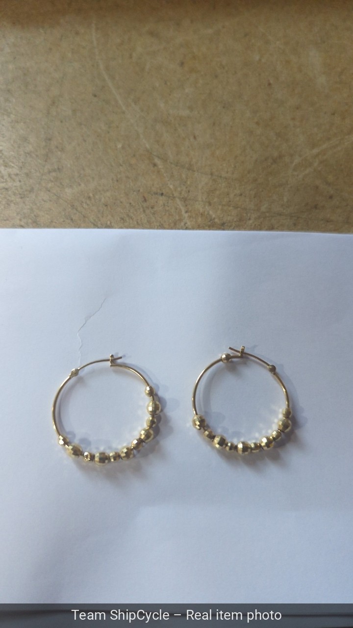 14k Yellow Gold Beaded Hoop Earrings Faceted Texture High Polish G2U