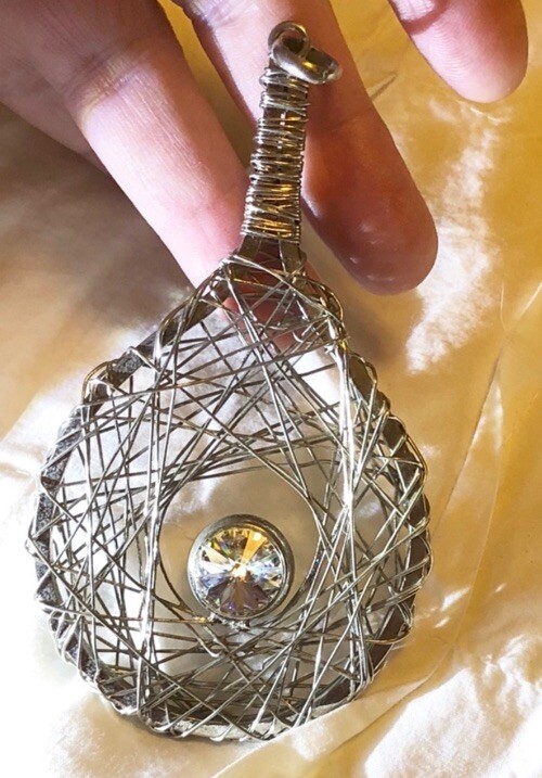 Unique Silver Wire Wrapped Tennis Racket with Crystal 4” Pendant