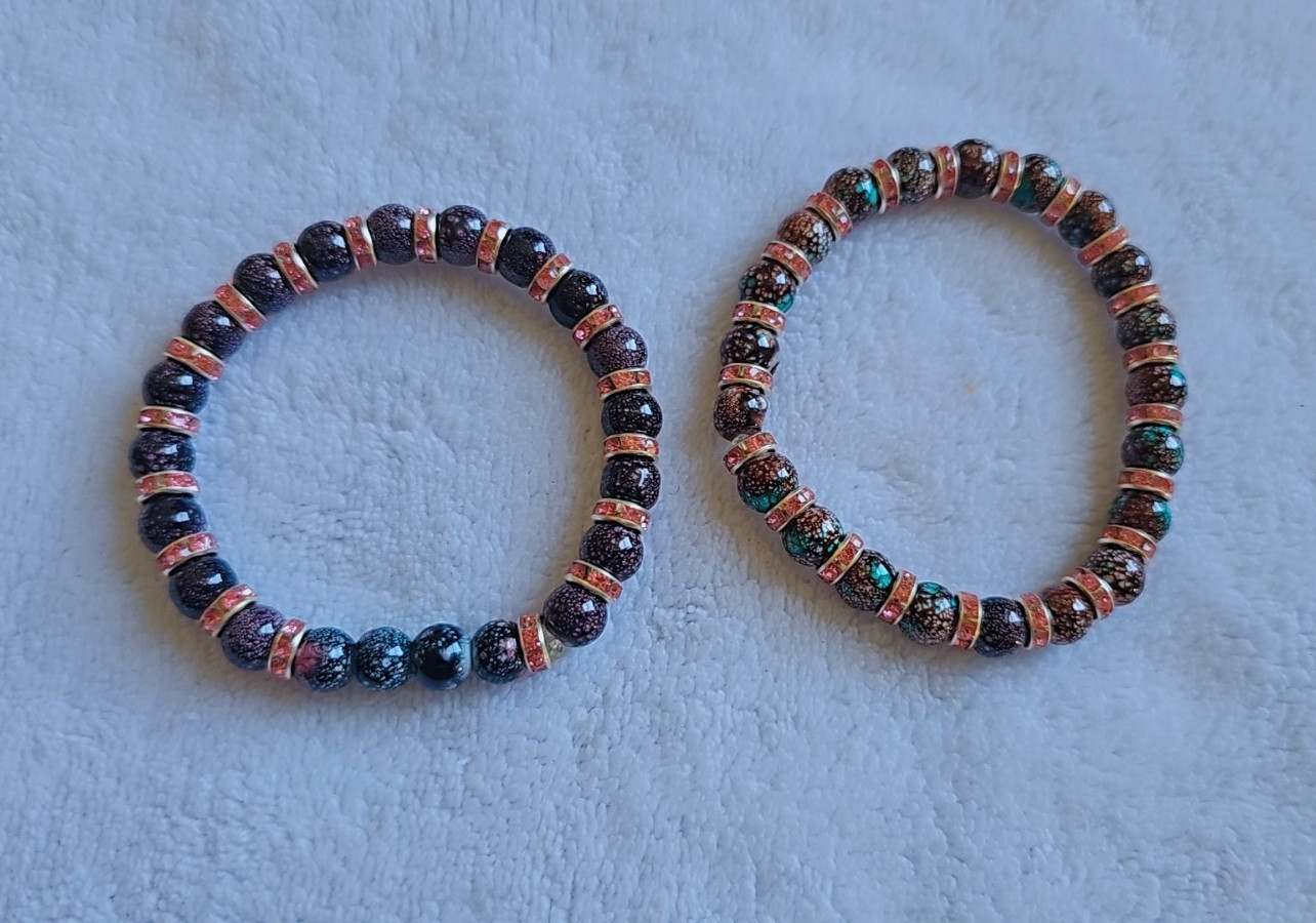 Set of 2 Black & Copper Round Beaded Stretch Bracelets, Stackable
