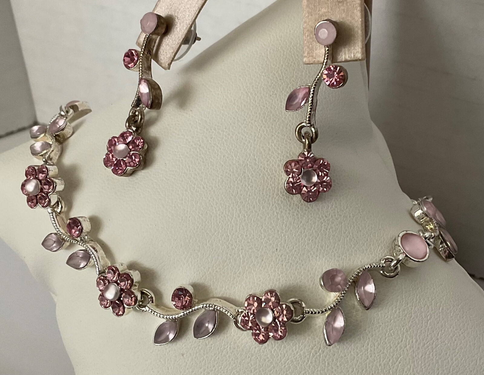 Pink Crystal Floral Flower Bracelet & Dangle Earrings Set Silver Tone Base