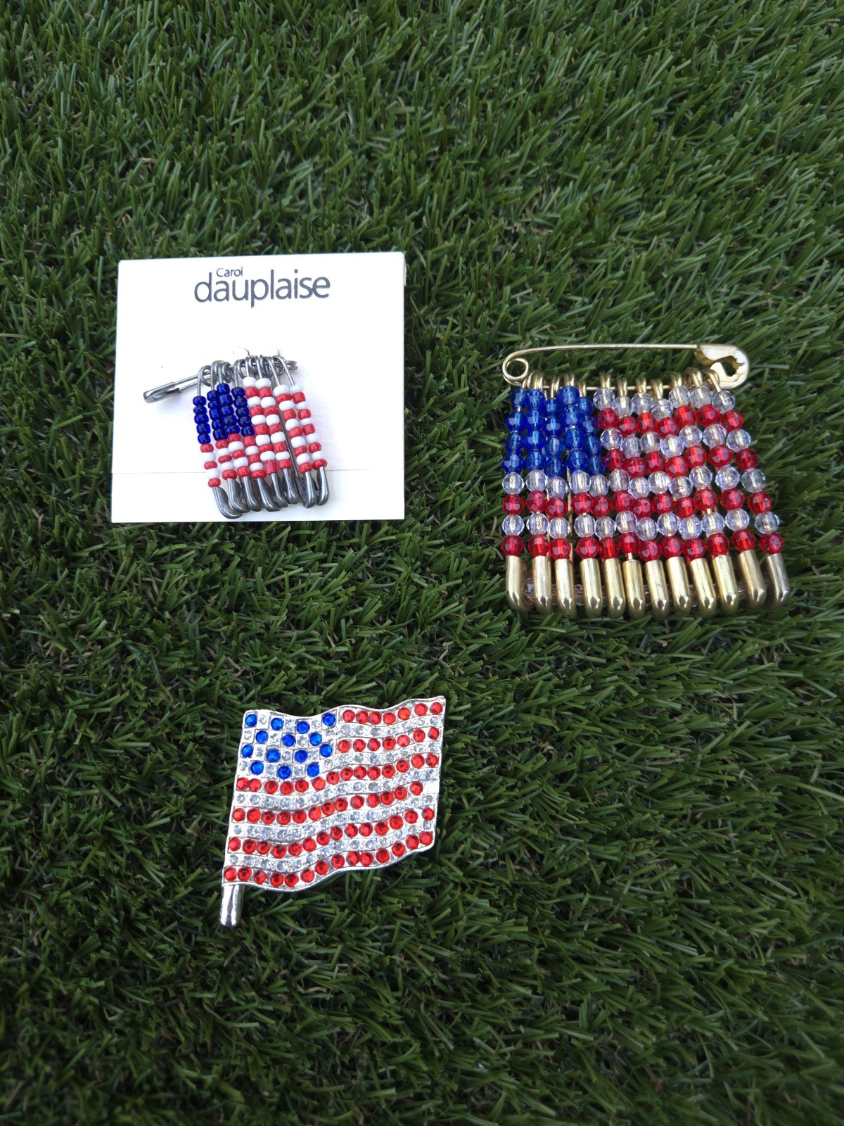 Lot of 3 Vintage Patriotic American Flag Pins Brooch Rhinestone Carol Dauplaise