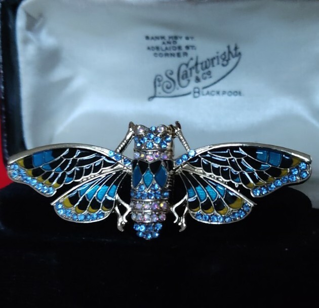 Vintage Art Deco Inspired Butterfly Moth Brooch Pin Fine Enamel & Crystal