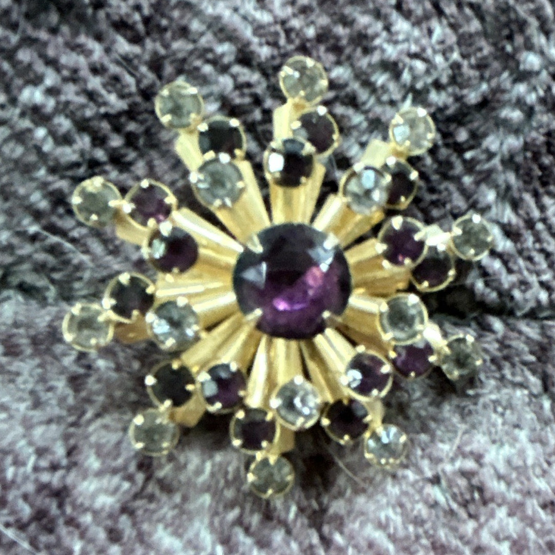 Gold Tone Starburst Brooch Pin Purple Round Center & Clear Prong Rhinestones