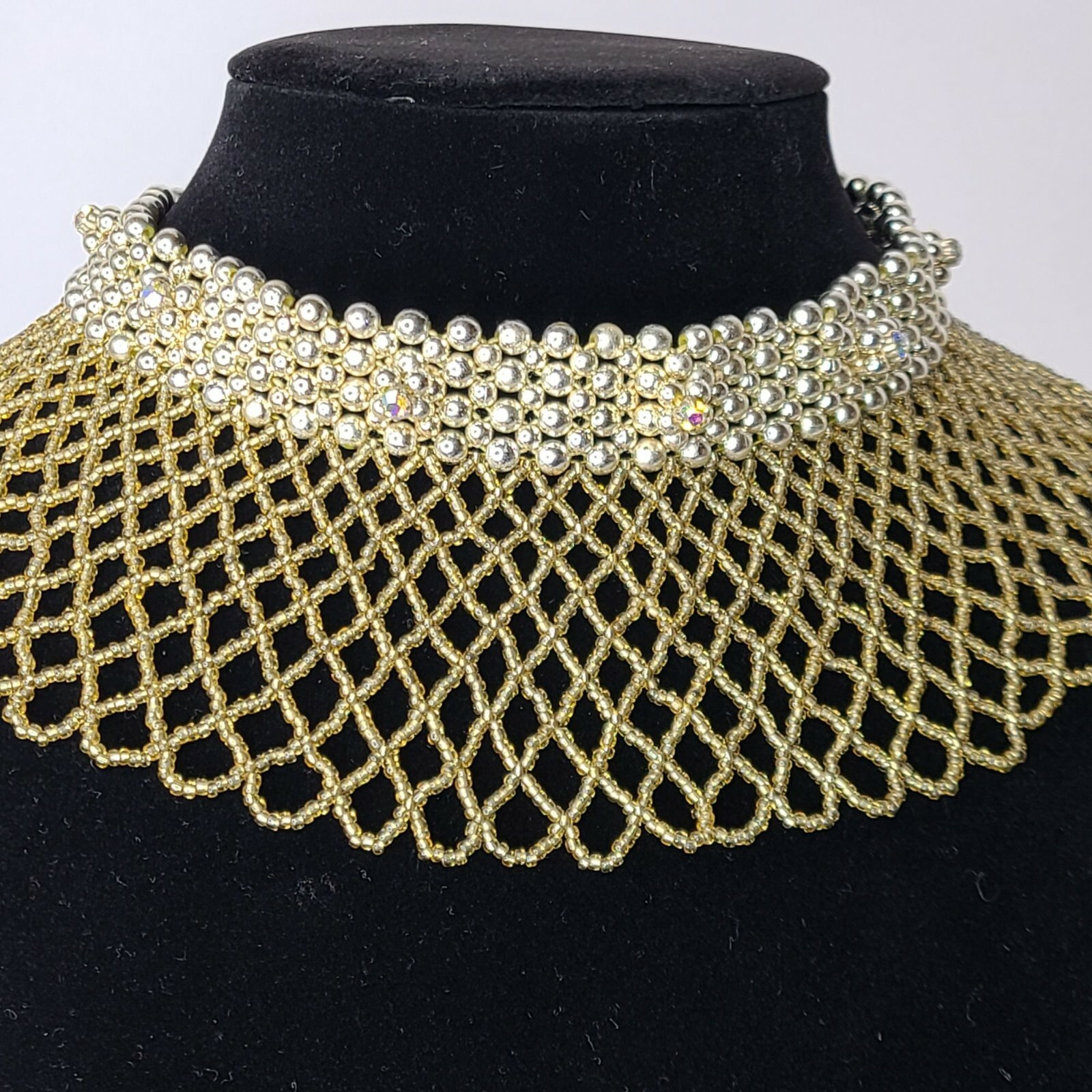VTG Victorian Style Collar Choker Necklace Beaded Netting & Crystals Steampunk