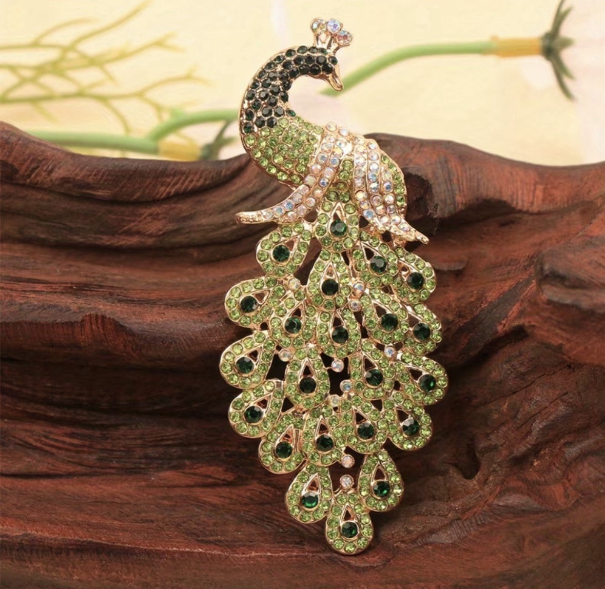 Peacock Green Rhinestone Brooch Pin Elegant Statement Jewelry