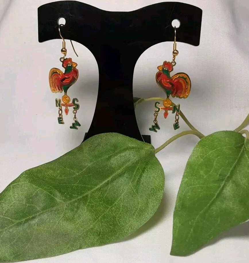 Earring Gold Tone Cloisonne Multicolor Chicken Roaster Dangle N S W E Pierce