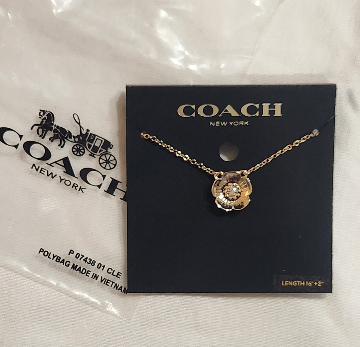 Coach NEW Gold Tea Rose Pendant 16” + 2” Extender-Original Packaging w/ Dust Bag