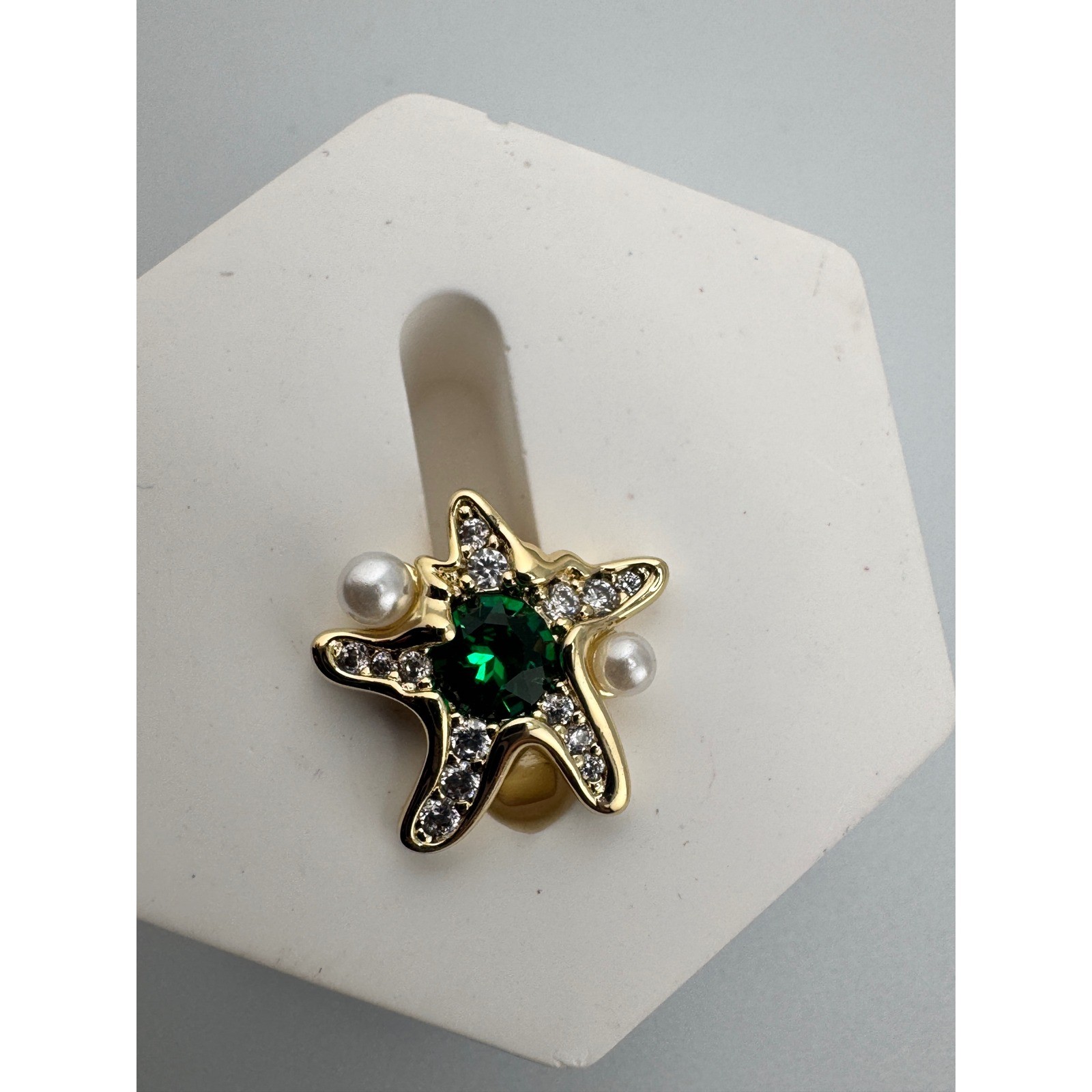 14K Gold Plated Starfish Necklace Earring Set Emerald Green Crystal Pearl
