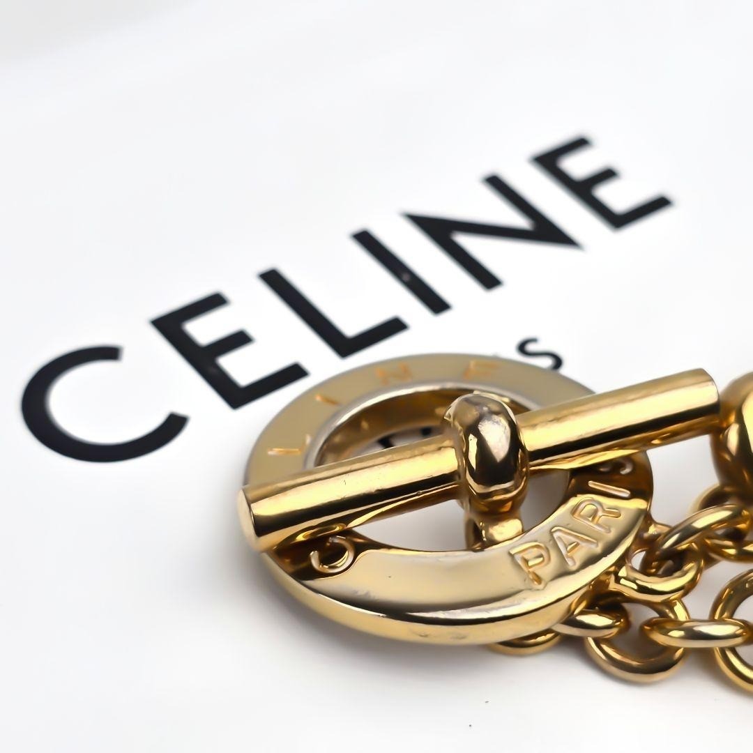 CELINE Vintage Circle Logo Toggle Bracelet Gold Tone Chunky Link w/ Dust Bag JP