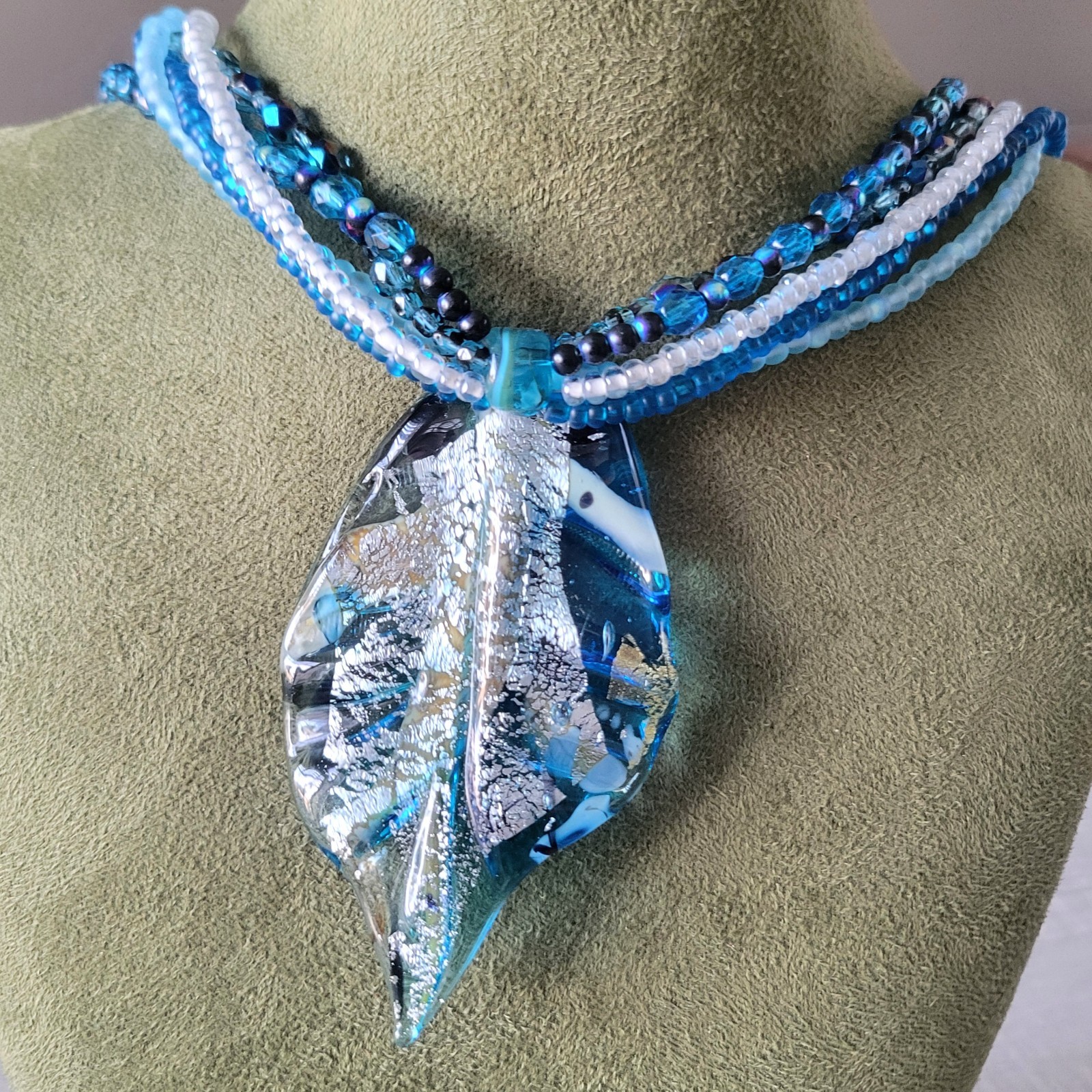 Murano Italian Glass Large Pendant Bead Necklace 925 Clasp Blues * BEAUTIFUL *