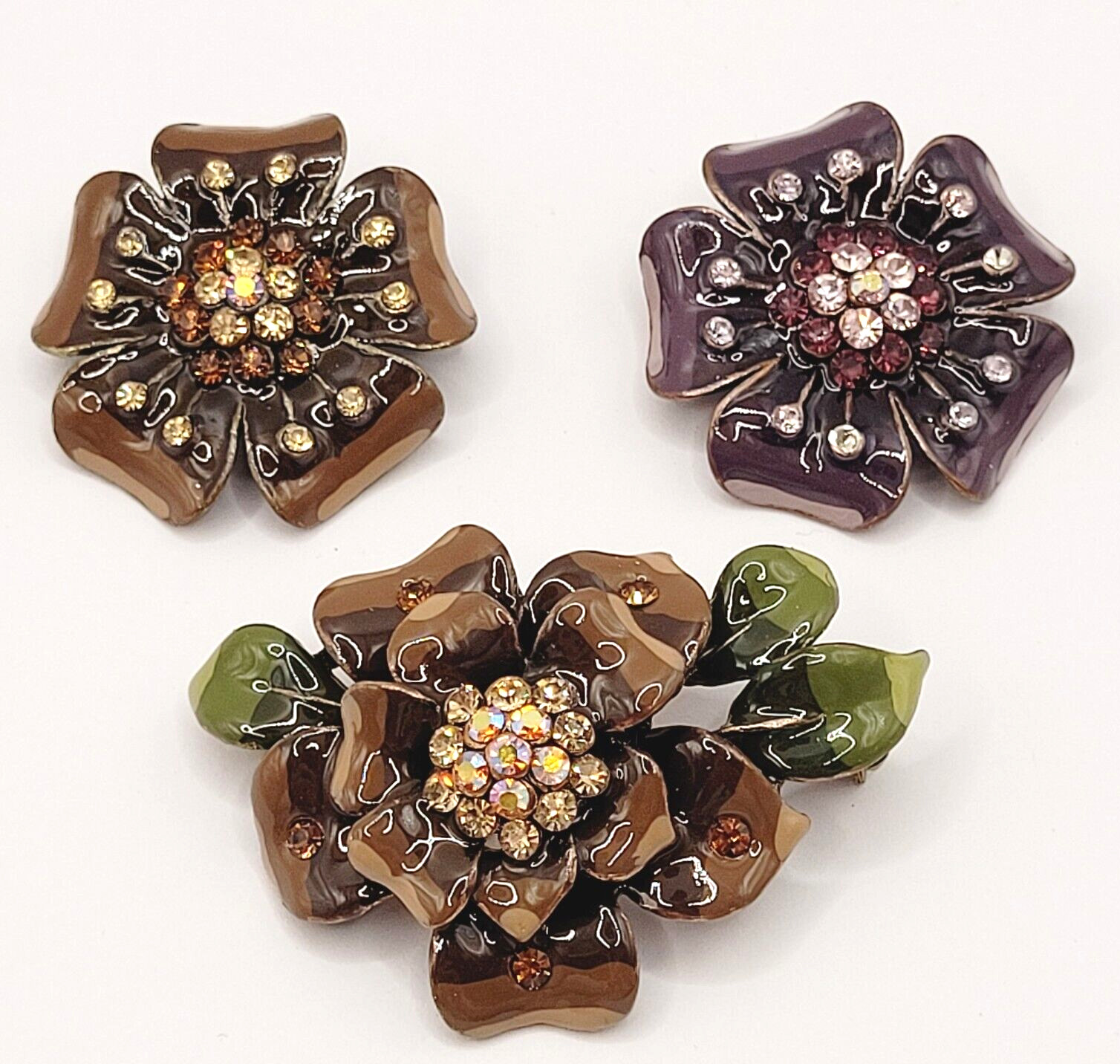 3 Flowers Sparkling Rhinestone Glossy Enamel Metal Floral Trio Brooch Pin Set
