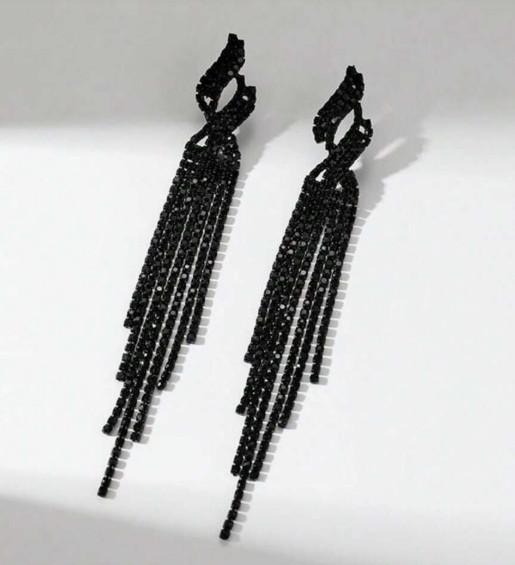 Long Black Dangle Drop Rhinestone Earrings Prom Wedding Pageant Holiday Party