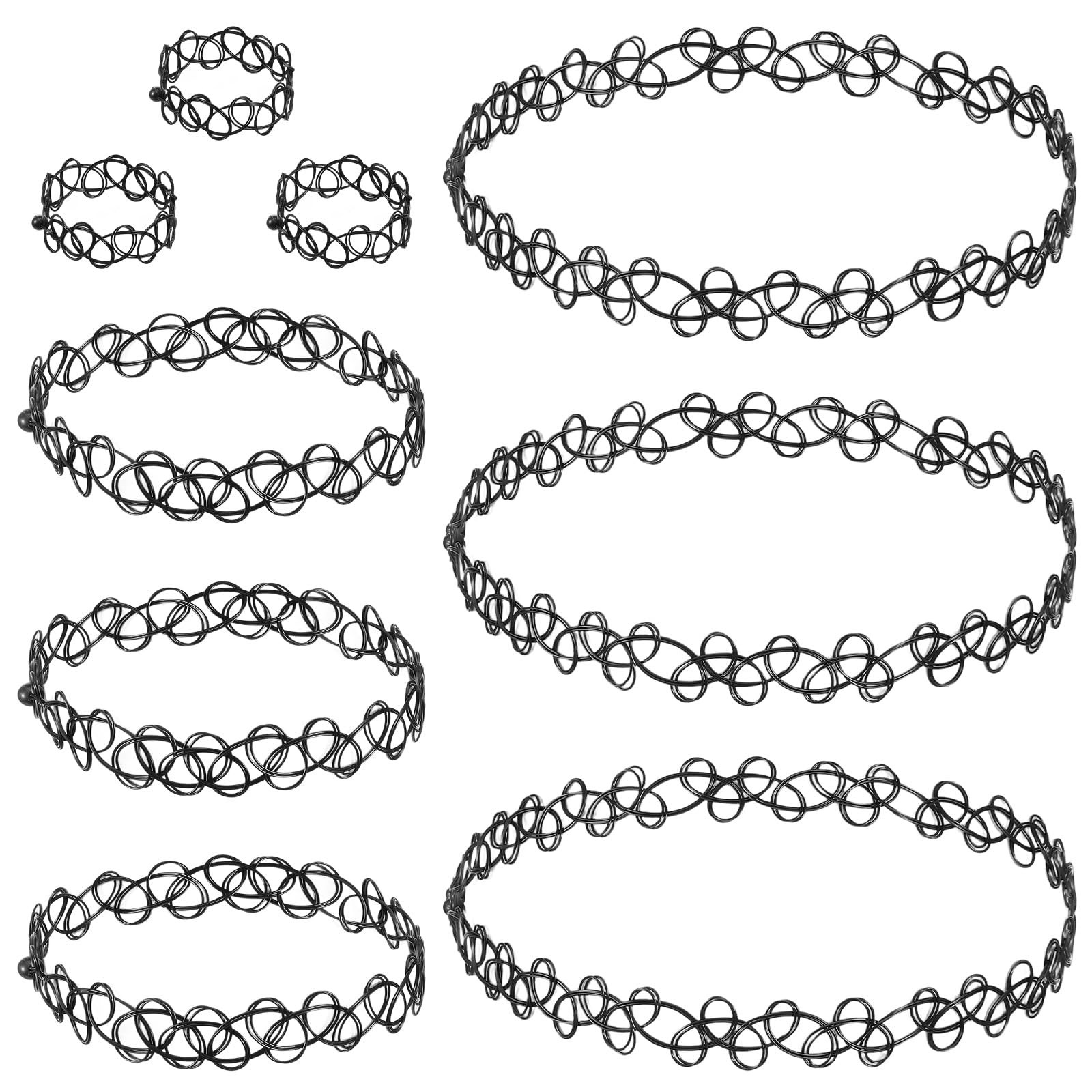 FNANJWQ 9Pcs Tattoo Choker Necklace, Bracelet & Ring Set, 90s Standard, Black