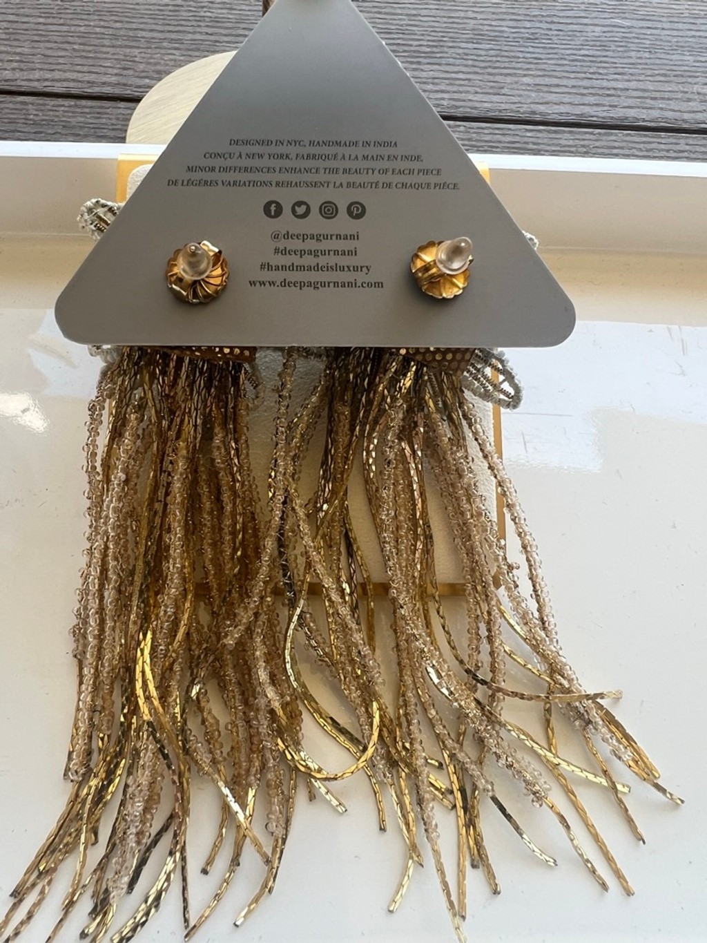 NWT Deepa Gurnani Gold & White Beaded Fringe Earrings