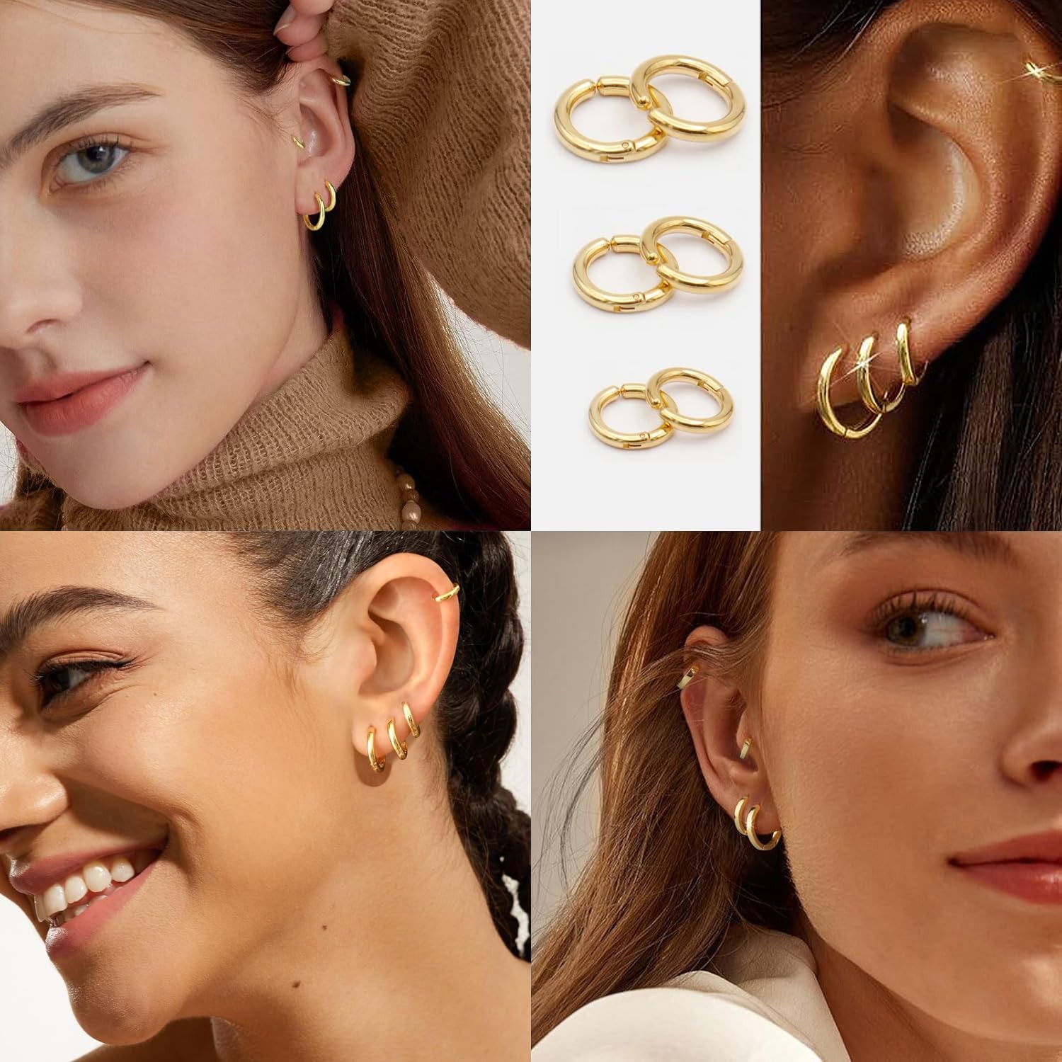 SIISPRI 3 Pairs Clip On Huggie Earrings for Men Women, 10 millimeters, Gold