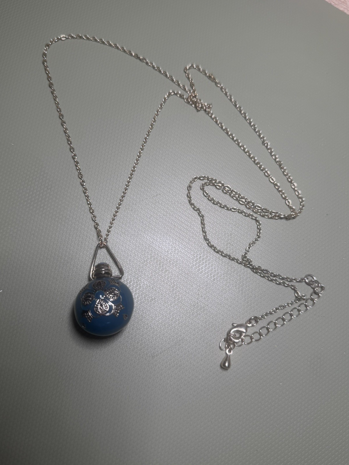 Blue Enamel Perfume Bottle Shaped Pendant Necklace Vintage Silver Filigree